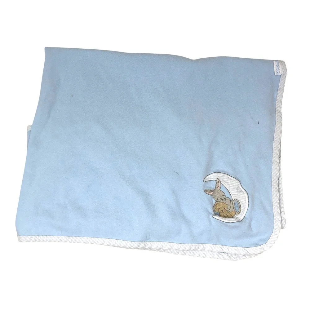Vintage Carters Baby Blanket‎ Embroidered Blue Bunny Moon Puppy Dog Cotton USA